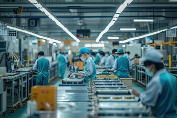 Poster - a factory with workers working on electronics, a factory with workers working on electronics, Factory floor with workers packaging electronic devices