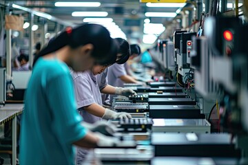 Poster - a factory with workers working on electronics, a factory with workers working on electronics, Factory floor with workers packaging electronic devices