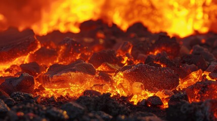 Wall Mural - A fire is burning in a pit with a lot of ash and rocks