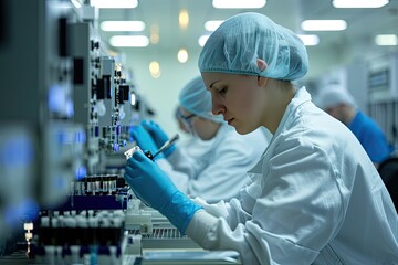 Poster - a group of people working in a lab, a group of people working in a lab, Factory technicians assembling medical equipment