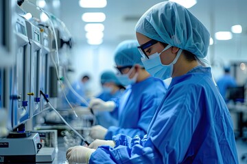 Poster - a group of people working in a lab, a group of people working in a lab, Factory technicians assembling medical equipment