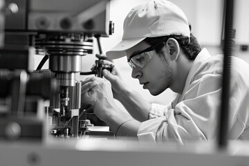 Poster - a man working on a machine in a factory, a man working on a machine in a factory, Factory technicians calibrating precision machinery