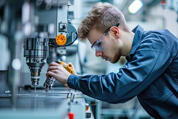Poster - a man working on a machine in a factory, a man working on a machine in a factory, Factory technicians calibrating precision machinery