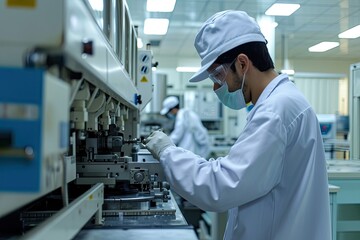 Poster - a man working on a machine in a factory, a man working on a machine in a factory, Factory technicians calibrating precision machinery