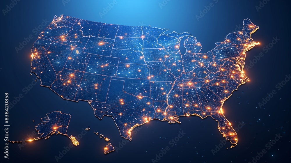 Realistic rendering of the United States map at night, illuminated with ...