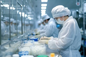 Poster - a factory worker in a white coat and white gloves, a factory worker in a white coat and white gloves, Factory workers testing and inspecting products