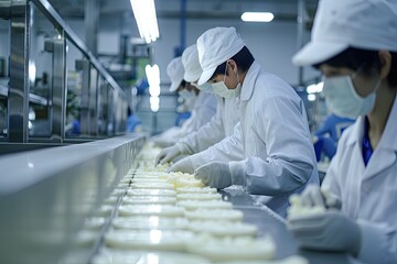 Poster - a factory worker in a white coat and white gloves, a factory worker in a white coat and white gloves, Factory workers testing and inspecting products