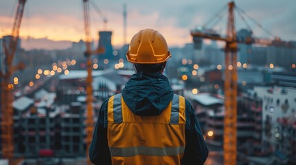 Back view of an engineer wearing a safety helmet and standing at a construction site with a cityscape background. Wearing personal protective equipment safety helmet with city background.