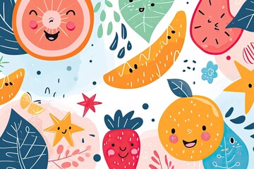 Poster - a colorful fruit pattern with a smile on it, a colorful pattern of fruits and vegetables, Happy and cute vector design with lively colors and delightful imagery