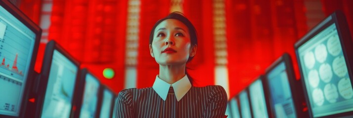 Aufkleber - Middle-Aged Asian Woman, IT Manager, in High-Tech Office Using Advanced AI for Risk Assessment