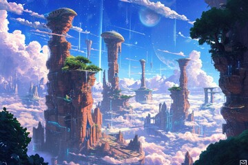 Poster - Mystical purple landscape, glowing moon, a landscape with trees, rocks and a river, whimsical illustration of a fantastical fairy tale world