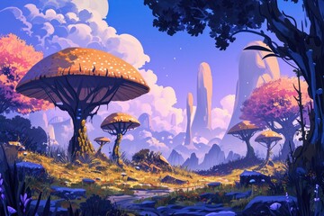 Poster - Mystical purple landscape, glowing moon, a landscape with trees, rocks and a river, whimsical illustration of a fantastical fairy tale world