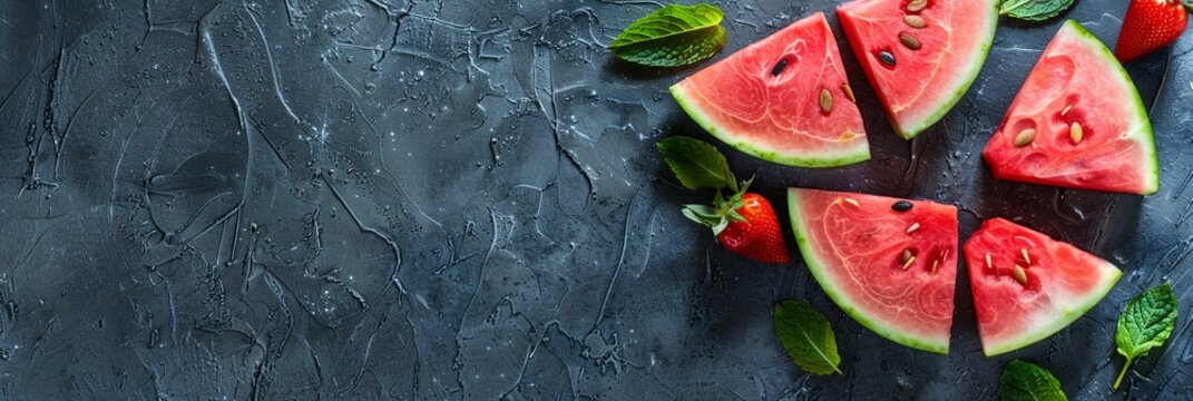 a group of slices of watermelon with mint leaves and strawberries on a dark background