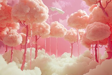 Wall Mural - Surreal pink cloud-trees, dreamlike scene, a pink sky with clouds and trees in the foreground, Marshmallow clouds floating above a candy forest