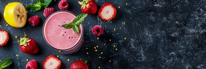 Wall Mural - a smoothie with strawberries and a lemon on a table