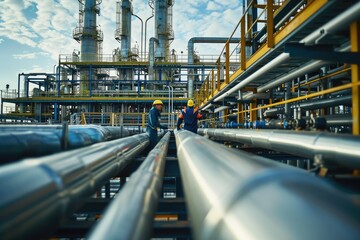 Poster - Industrial pipelines, working engineers, two men in white coats are walking through a factory, Oil refinery with workers inspecting pipelines