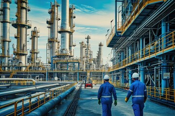 Poster - Industrial pipelines, working engineers, two men in white coats are walking through a factory, Oil refinery with workers inspecting pipelines