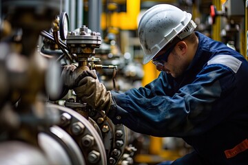 Poster - Focused worker adjusting machinery, a man in a hard hat working on a pipe, Oil refinery workers adjusting valves on processing units