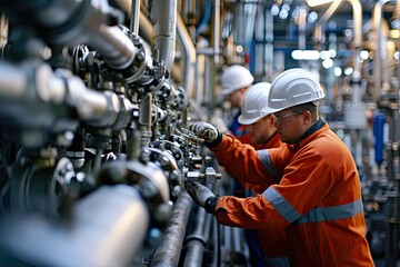 Poster - Focused worker adjusting machinery, a man in a hard hat working on a pipe, Oil refinery workers adjusting valves on processing units