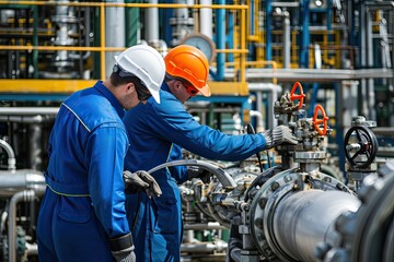 Poster - Focused worker adjusting machinery, a man in a hard hat working on a pipe, Oil refinery workers adjusting valves on processing units