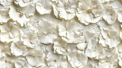 Wall Mural -   White flowers on white walls surround you in this close-up photo The beautiful details of the blooms are clear against the pure backdrop, making them stand out even more