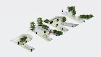 environment isometric park nature. isometric environmental sustainable landscape forest with people rest, 3d render animation. environment with tree, grass leaf, river, footpath on white isolated.