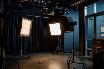 Professional photo studio setup, a photo studio with a couch, chair, and umbrella, Professional studio with versatile lighting options for various photography styles