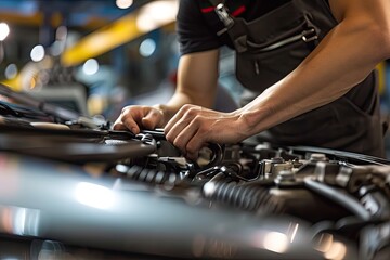 Poster - Focused mechanic at work, a man working on a car engine in a garage, Skilled hands working on intricate details during the car-making process