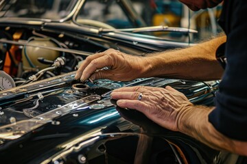 Poster - Focused mechanic at work, a man working on a car engine in a garage, Skilled hands working on intricate details during the car-making process