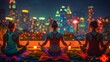 © Ryzhkov - Diverse Friends Enjoy Rooftop Nighttime Yoga with Vivid City Lights Background