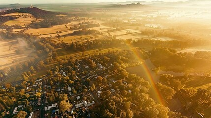 Sticker -   A panoramic view of a countryside landscape featuring a vibrant rainbow overhead and verdant foliage in the foreground