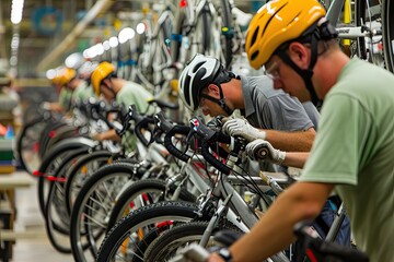 Poster - Focused workers, bicycle assembly line, a group of men working on bicycles in a factory, Workers at a bike manufacturing plant installing cutting-edge features in bicycles