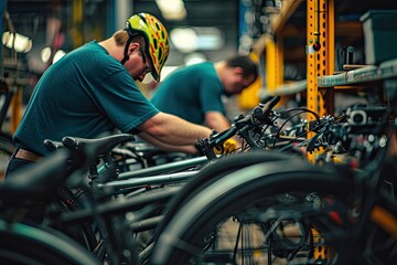 Poster - Focused workers, bicycle assembly line, a group of men working on bicycles in a factory, Workers at a bike manufacturing plant installing cutting-edge features in bicycles
