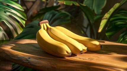 Canvas Print - Fresh ripe bananas lying on a wooden table in a tropical setting. Perfect for food magazines or blogs. AI