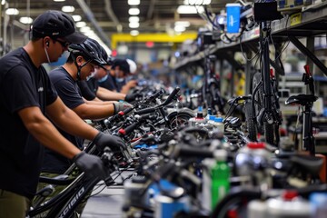 Focused technicians adjusting bicycles, a group of men working on bicycles in a factory, Workers in a bike assembly line meticulously fitting components together