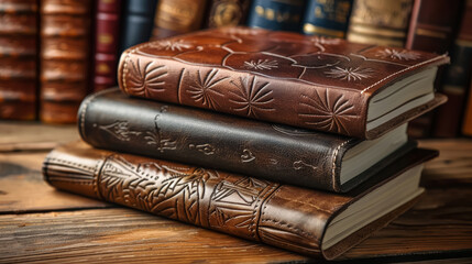 Stack of Old Leather Books on a Wooden Shelf