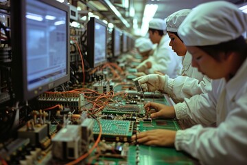 Poster - Focused technicians, complex circuitry., a group of people in a kitchen preparing food, Workers in a semiconductor factory producing chips