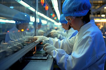 Aufkleber - Focused technicians, complex circuitry., a group of people in a kitchen preparing food, Workers in a semiconductor factory producing chips
