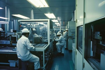 Poster - Focused technicians, complex circuitry., a group of people in a kitchen preparing food, Workers in a semiconductor factory producing chips