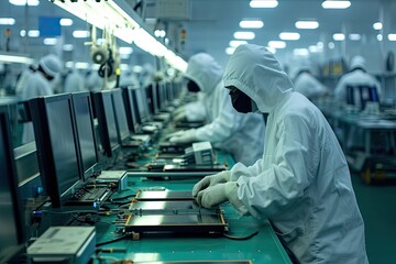 Poster - Focused technicians, complex circuitry., a group of people in a kitchen preparing food, Workers in a semiconductor factory producing chips