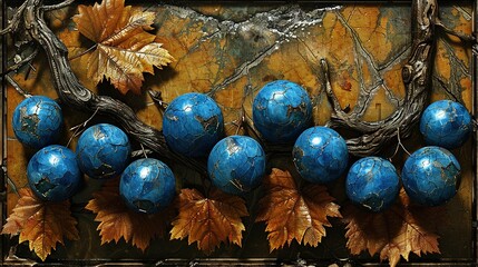 Wall Mural -   A blue-ball painting on an autumn tree branch with leaves below it