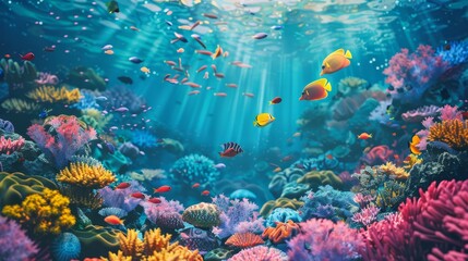 Minimalistic underwater scene with tropical fish and thriving coral reef, vibrant colors. Perfect for visuals related to marine life and ocean exploration