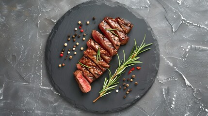 Sticker - Grilled steak on a dark plate with rosemary and peppercorns. Perfect for culinary or food-themed projects. High-quality and appetizing food photography. AI