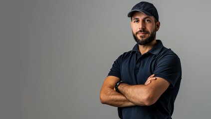 Attractive male service technician worker wearing a navy blue polo shirt and hat, standing with his arms crossed on a grey background