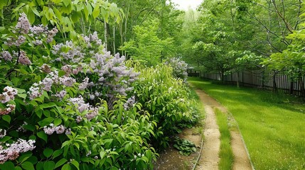 Sticker -   A lush green forest filled with purple and white flowers sits in the middle of a path lined with trees