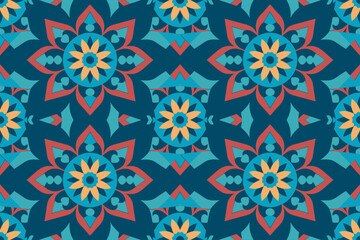 Wall Mural - Floral Vintage Seamless Pattern with Colorful Retro Geometric Pattern Wallpaper