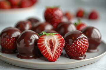 A closeup of chocolate-covered strawberries, showcasing the rich color and texture against a white background.