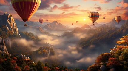 Hot air balloons floating over a scenic landscape at dawn 