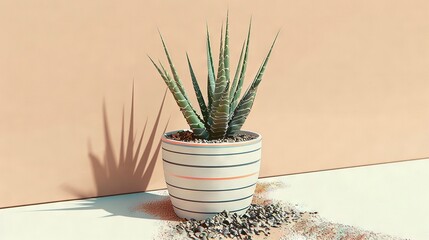 Sticker -   A potted plant sits atop a white table beside a wall, casting a plant's shadow