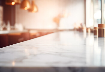 Wall Mural - Empty marble table, blurred restaurant background with copy space